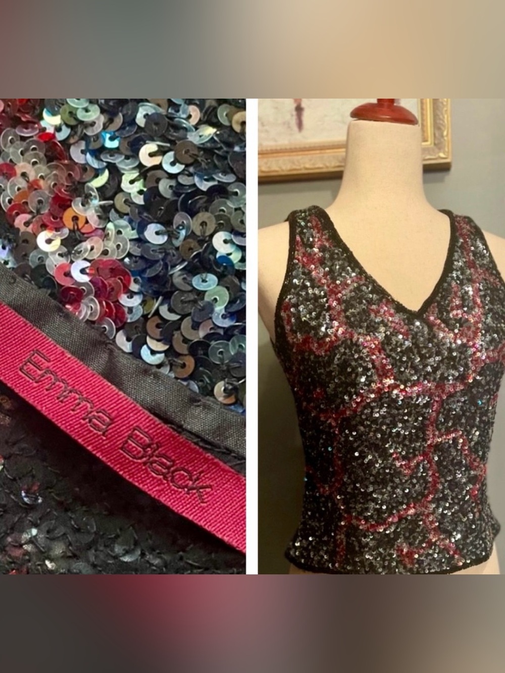 Emma Black Vintage Silk Sequin Top